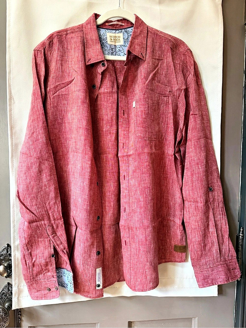 Scotch & Soda Linen Long-Sleeve Button-Down Shirt Red